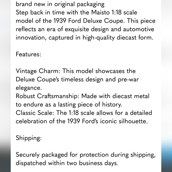 Maisto 1939 Ford Deluxe coupe 1/18 scale - Picture 5 of 5